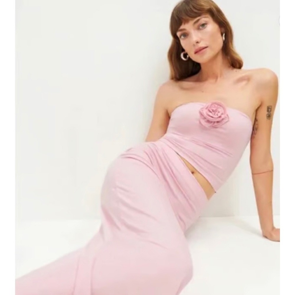 NWT Reformation Adalynn Knit Babygirl Pink Two Piece Set Strapless Top Maxi Sz L